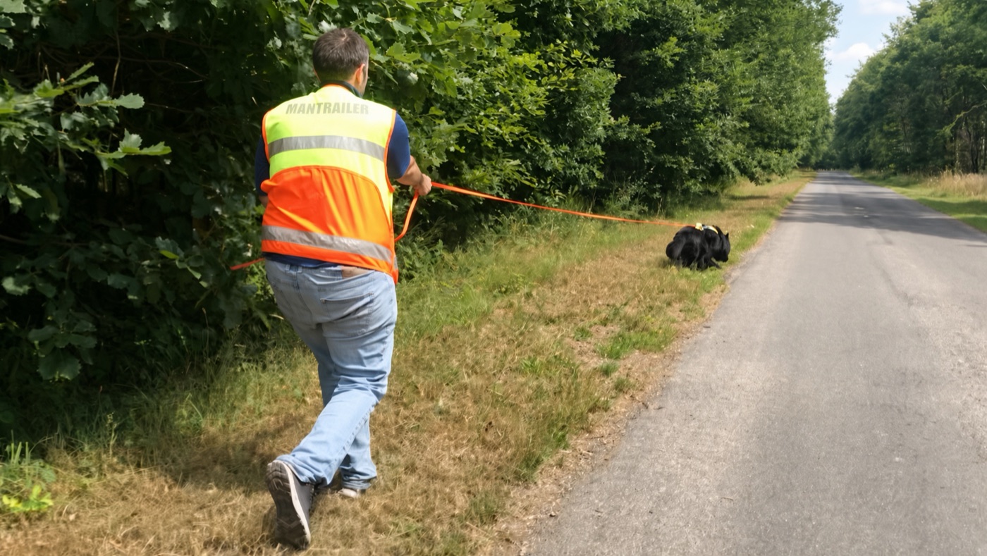 Aurélien en gilet de visibilité, sur une piste au bord de route avec un chien