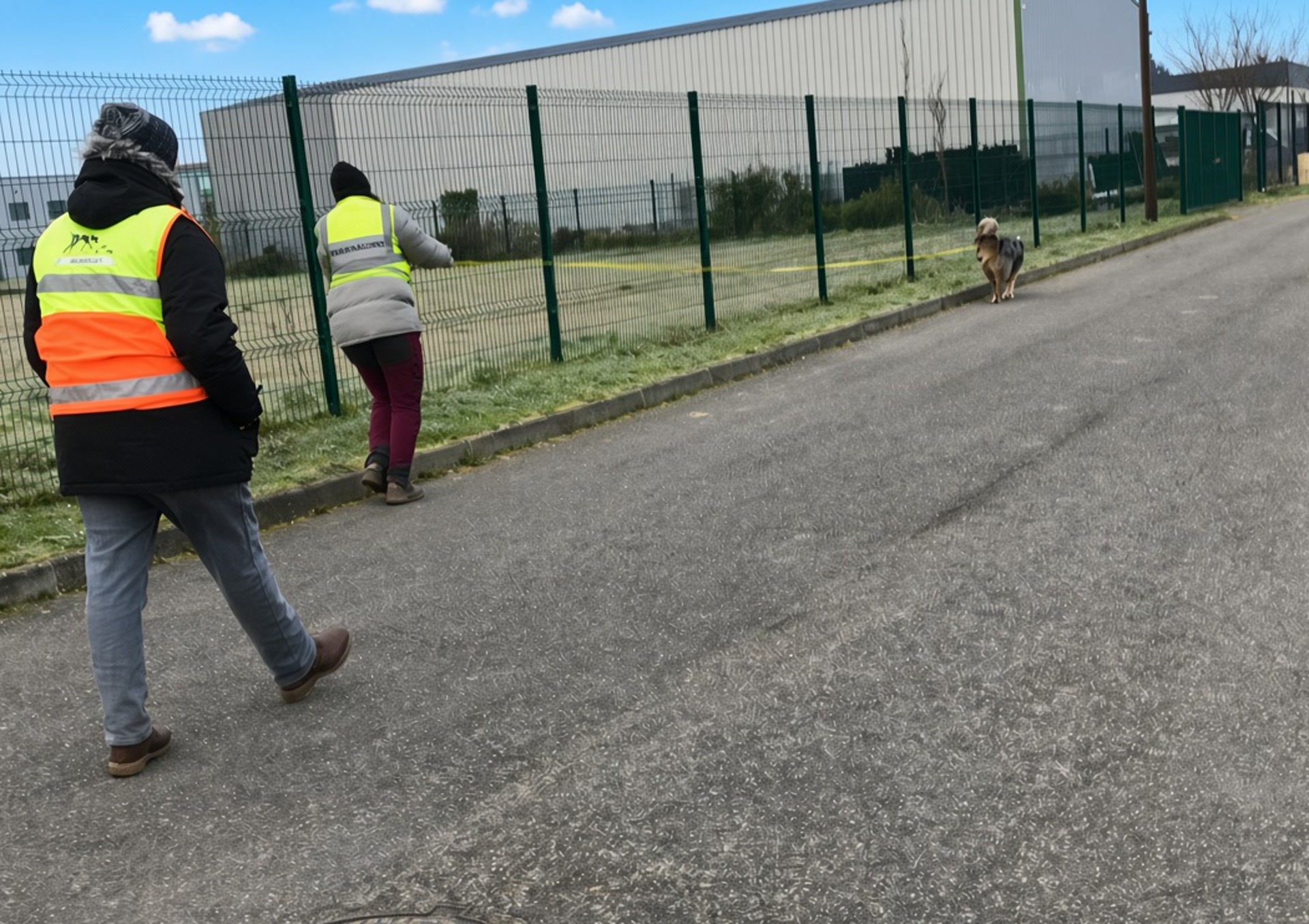 Séance de mantrailing en formation : le chien mène sur la piste, le binôme et l instructeur suivent